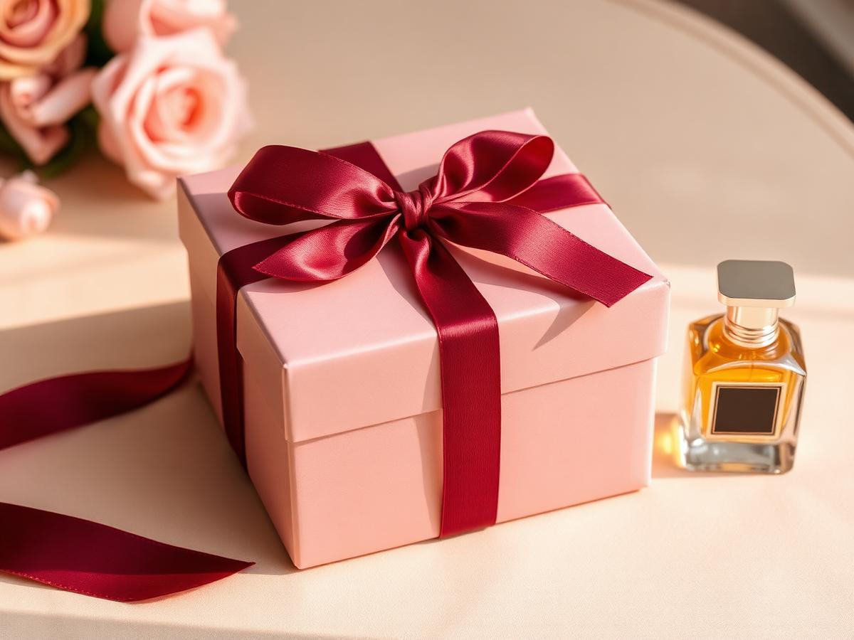 Caixa de presente com laço de cetim ao lado de um perfume