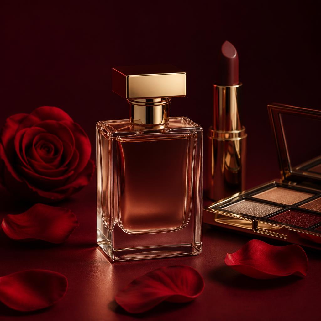 Composição editorial com perfume, batom e paleta de sombras em tons de vinho