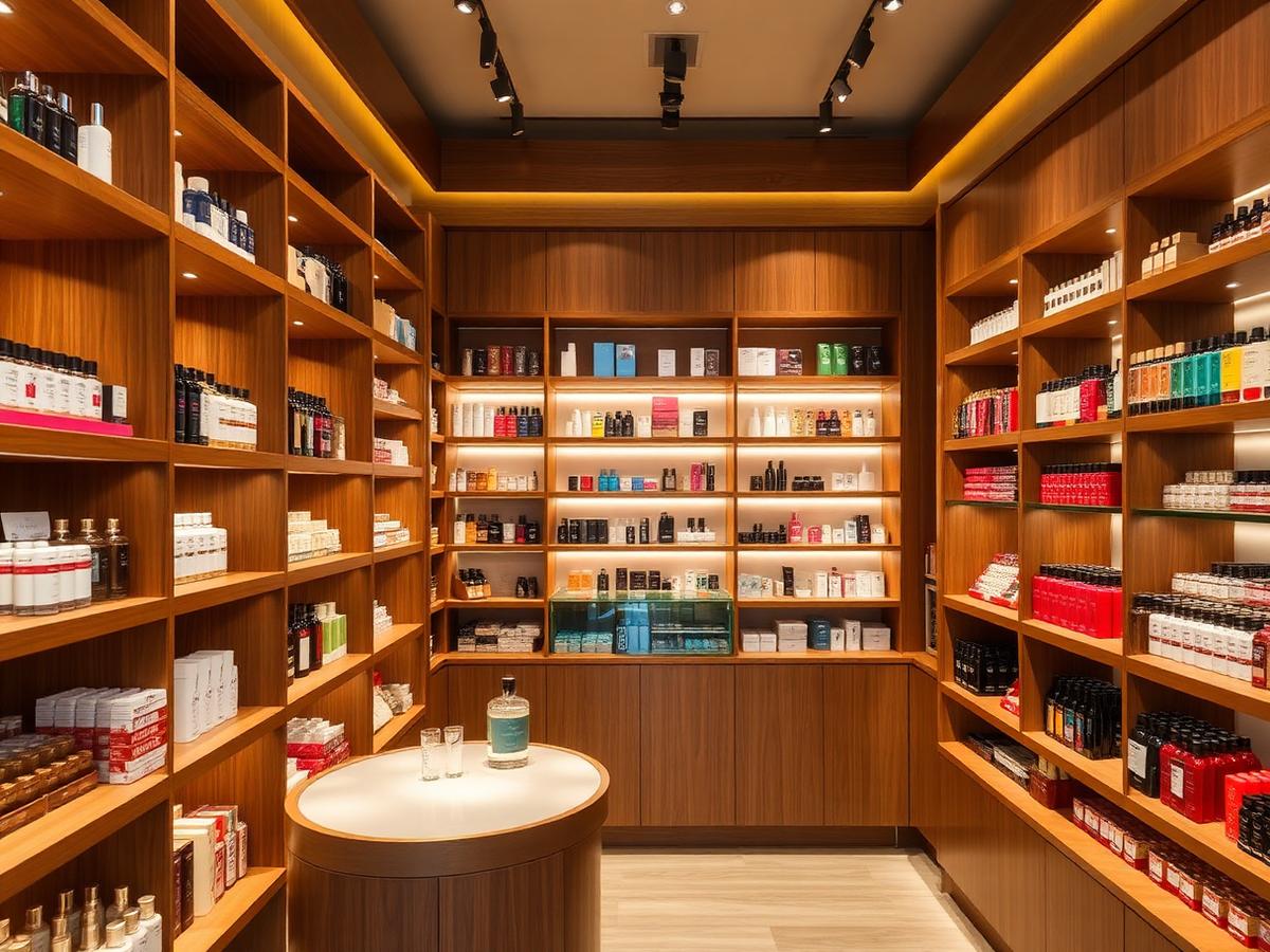Interior de loja de perfumes e cosméticos com prateleiras iluminadas